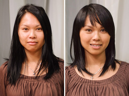 virtual hairstyle makeovers. Leang's plain hairstyle was upgraded with a 