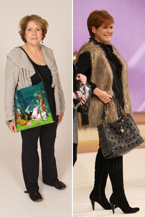 Karen, before and after her shoe and handbag intervention